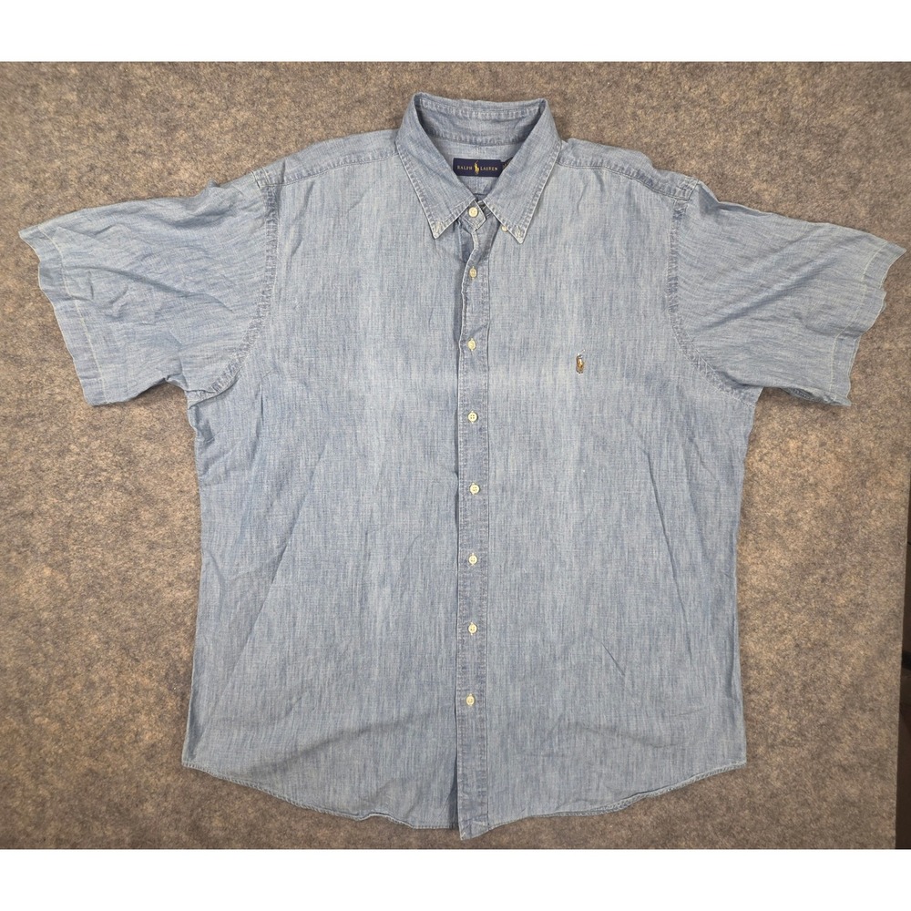 Ralph Lauren Mens 2XLT Light Blue Chambray Short Sleeve Button Down Shirt Flesh